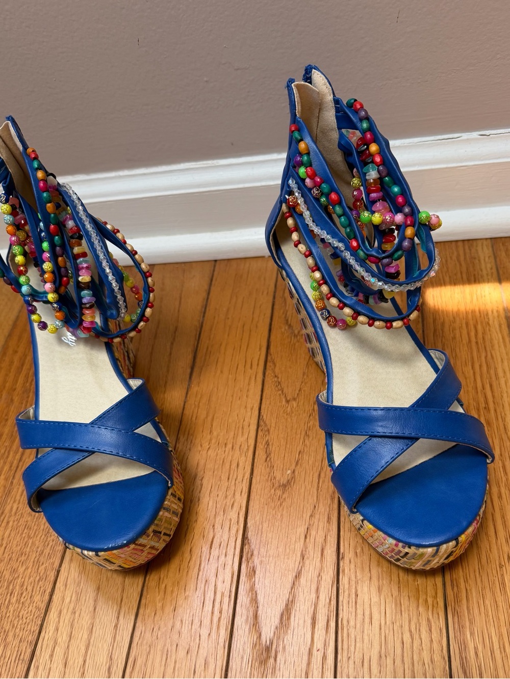 Women's Blue Beaded Wedge Sandals - Fashion Wedges